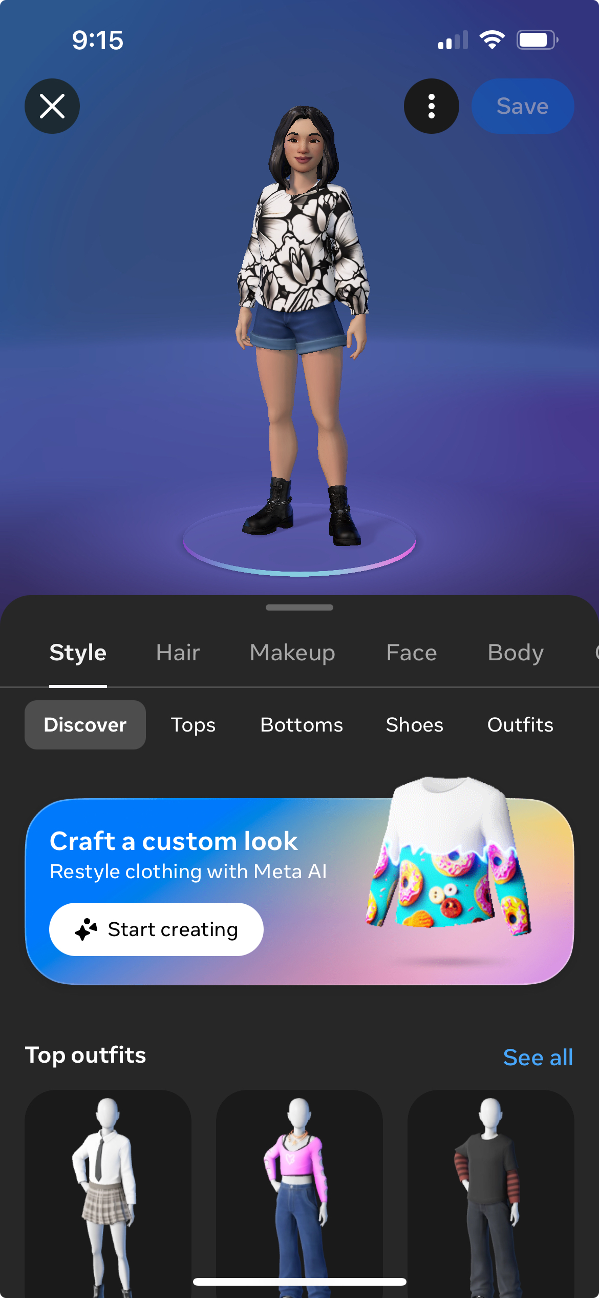 UI screen showing the resulting generated avatar clothing on the avatar